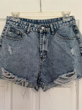 SHEIN Washed Light Blue Distressed High-Waist Denim Shorts